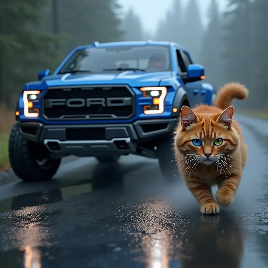 Big blue ford f-150 raptor is chasing a fluffy ginger cat, who runs away in fear along the road, one eye of the cat is blue and the other is yellow, inside the car are some scary punks, computer graphics, dark, rain