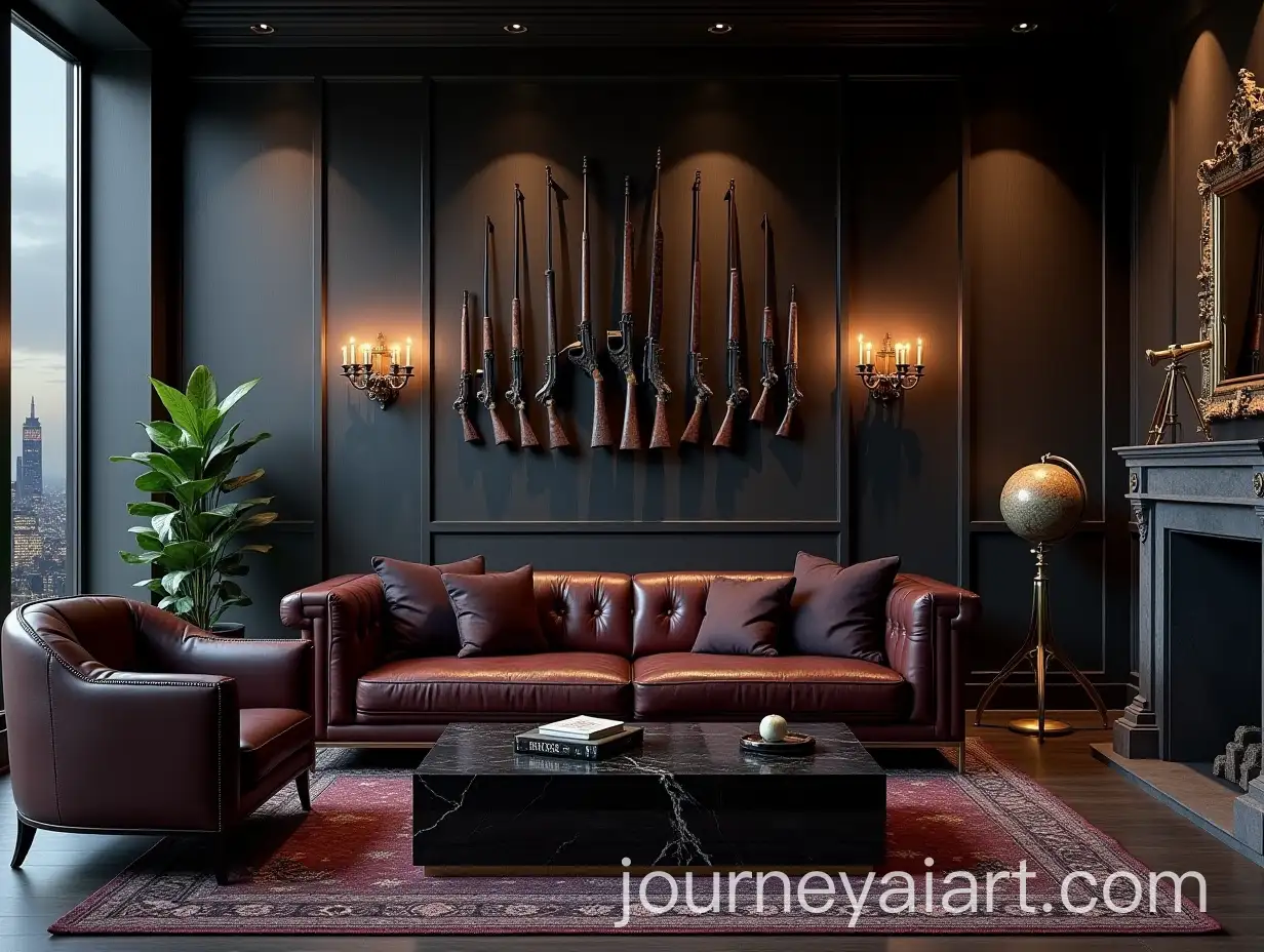 Luxurious-Living-Room-with-Dark-Moody-Ambiance-and-Night-Cityscape-View