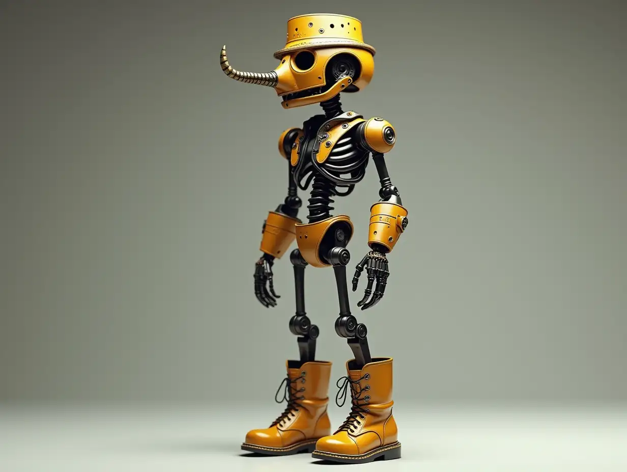 Create a high-resolution, realistic image of a robot with a skeleton body, golden leather boots and -head a fashion tracksuit, a top hat and a horn in 4K resolution