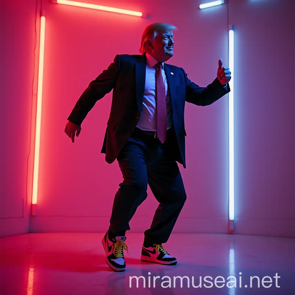 Donald Trump Joyfully Dancing with Bitcoin in a Neon Room