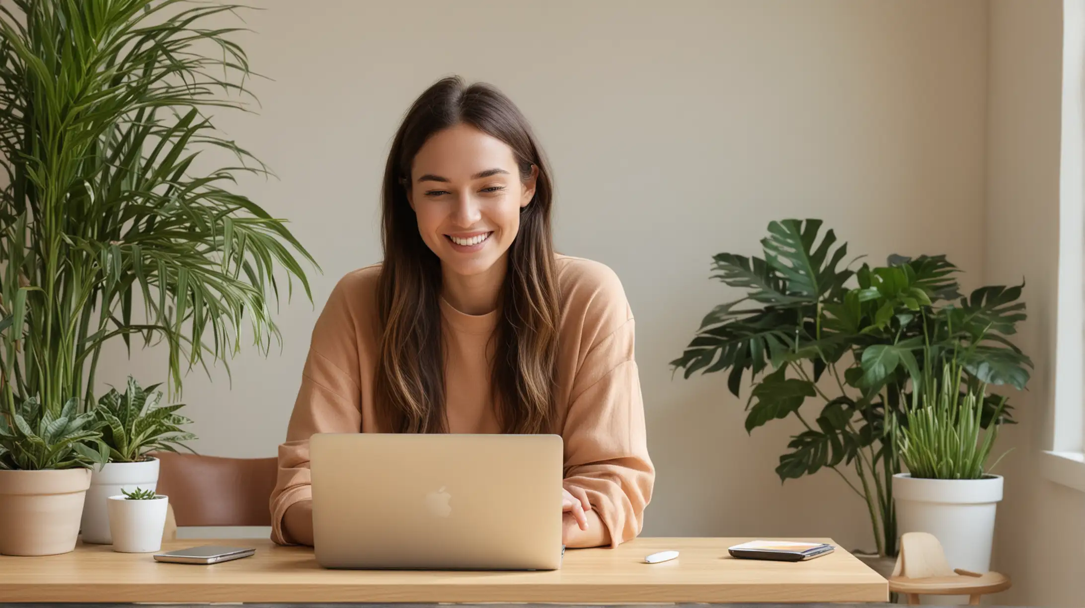 Happy Woman Working in Serene Home Office Environment with Plants