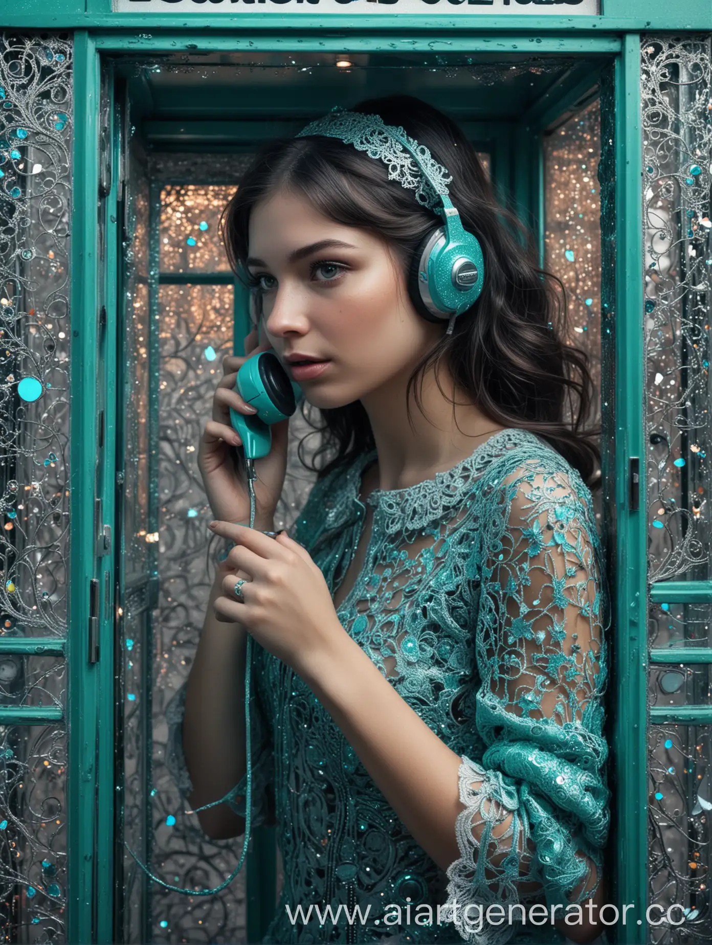 a girl calling in a phone booth, neon glitter, lace and fractals, turquoise and chrome glitter, super detail, focus