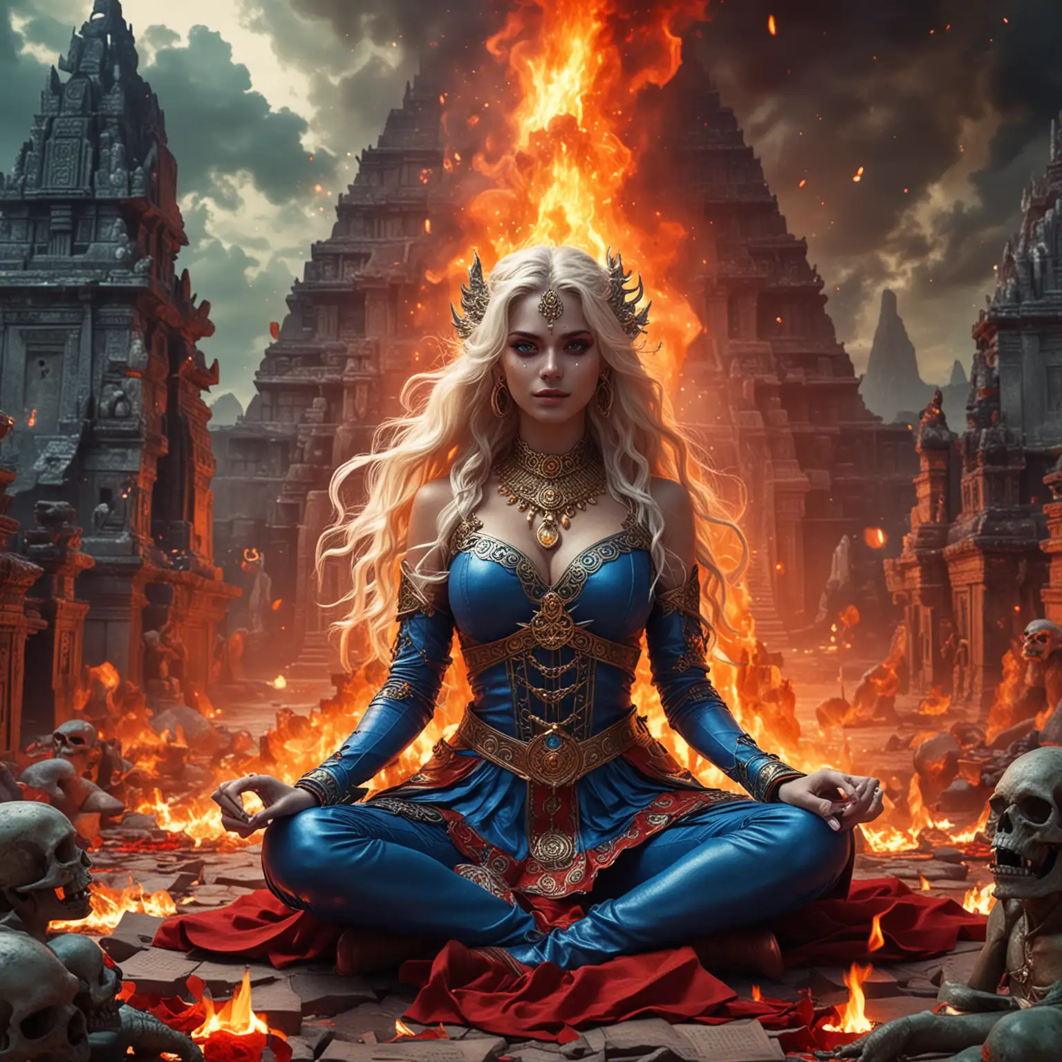 Empress Goddess Sorceress Amidst Fiery Dragons in a Dark City