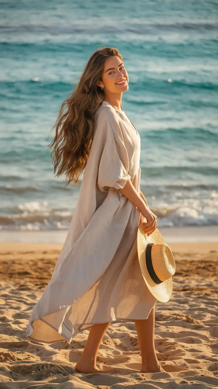 Young-Woman-in-White-Linen-Dress-on-Ibiza-Beach-at-Golden-Hour