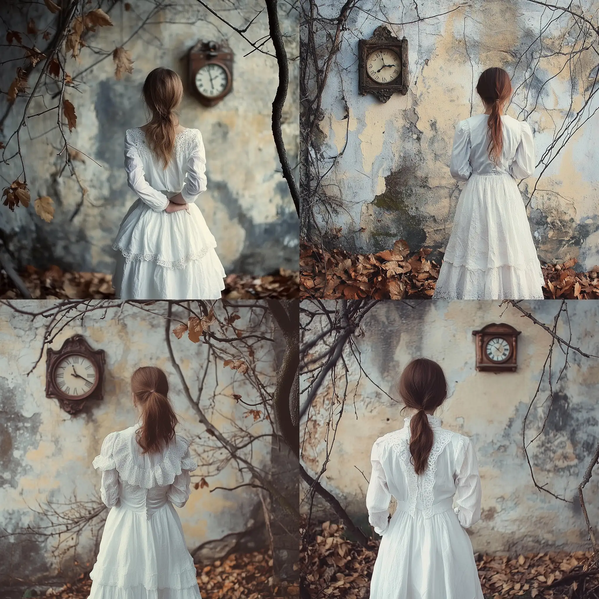 Girl-in-White-Dress-Observing-Time-with-Old-Clock-and-Fallen-Branches