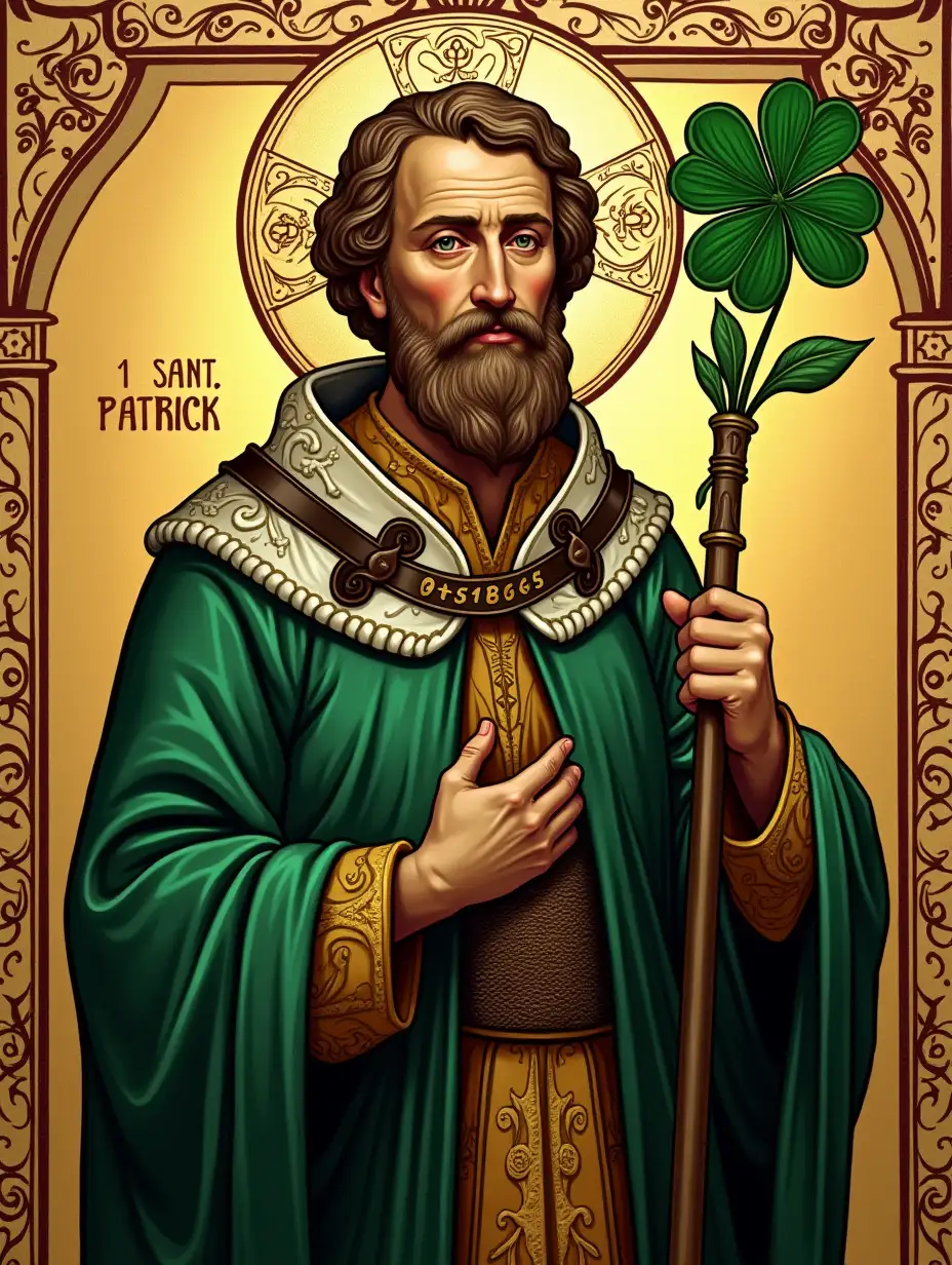 Elaborate icon of St. Patrick. St. Patrick is holding a staff with a shamrock on top, the shamrock has 3 leaves.
