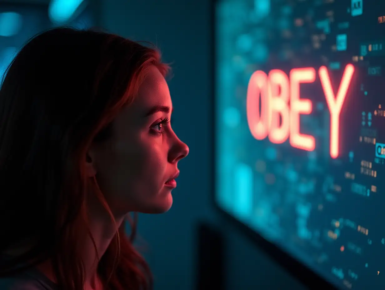 A woman, with eyes rolling, watches a flashing screen that has the text 'OBEY off