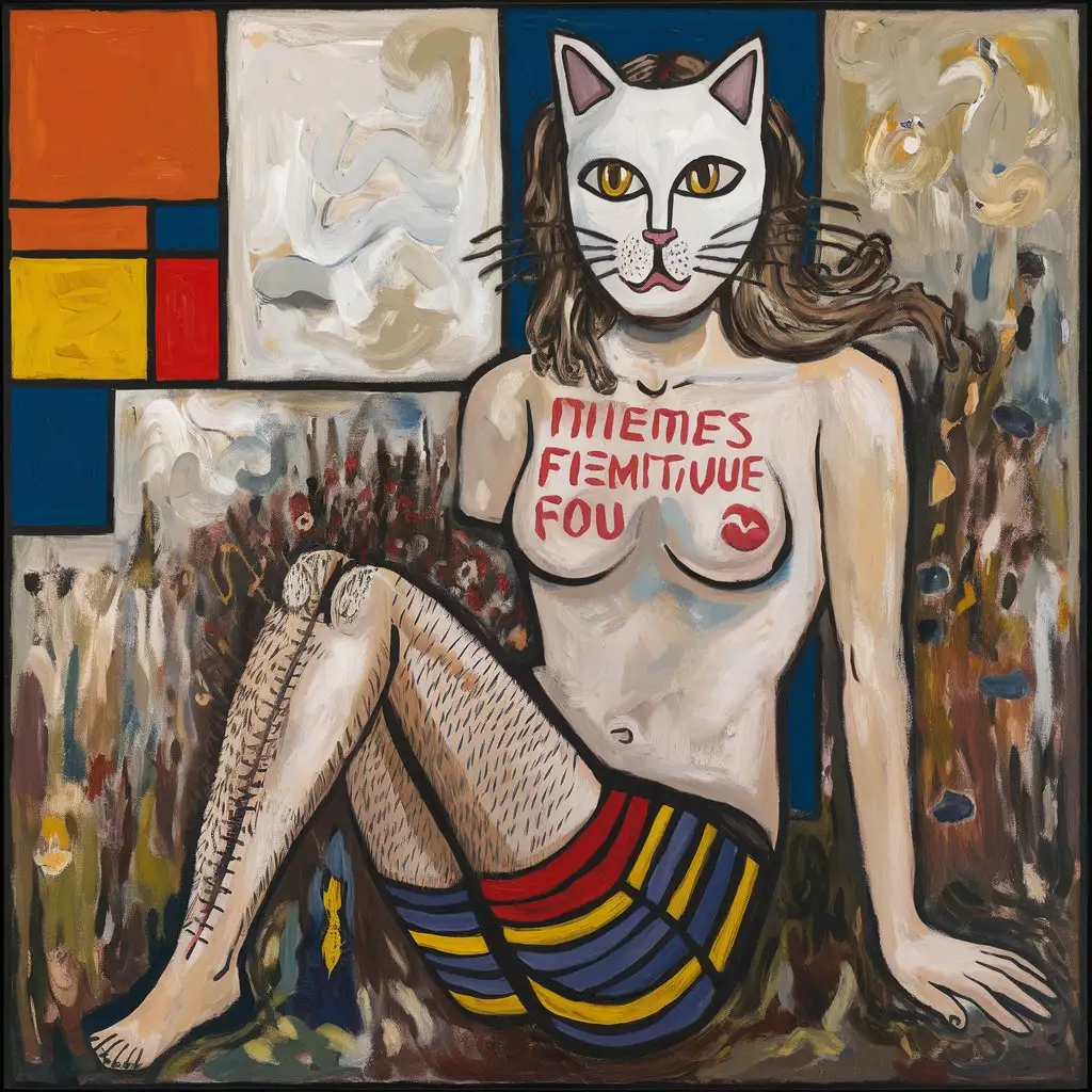 Feminist-Girl-with-Cat-Mask-and-Hairy-Legs-in-Abstract-Primitivism-Style