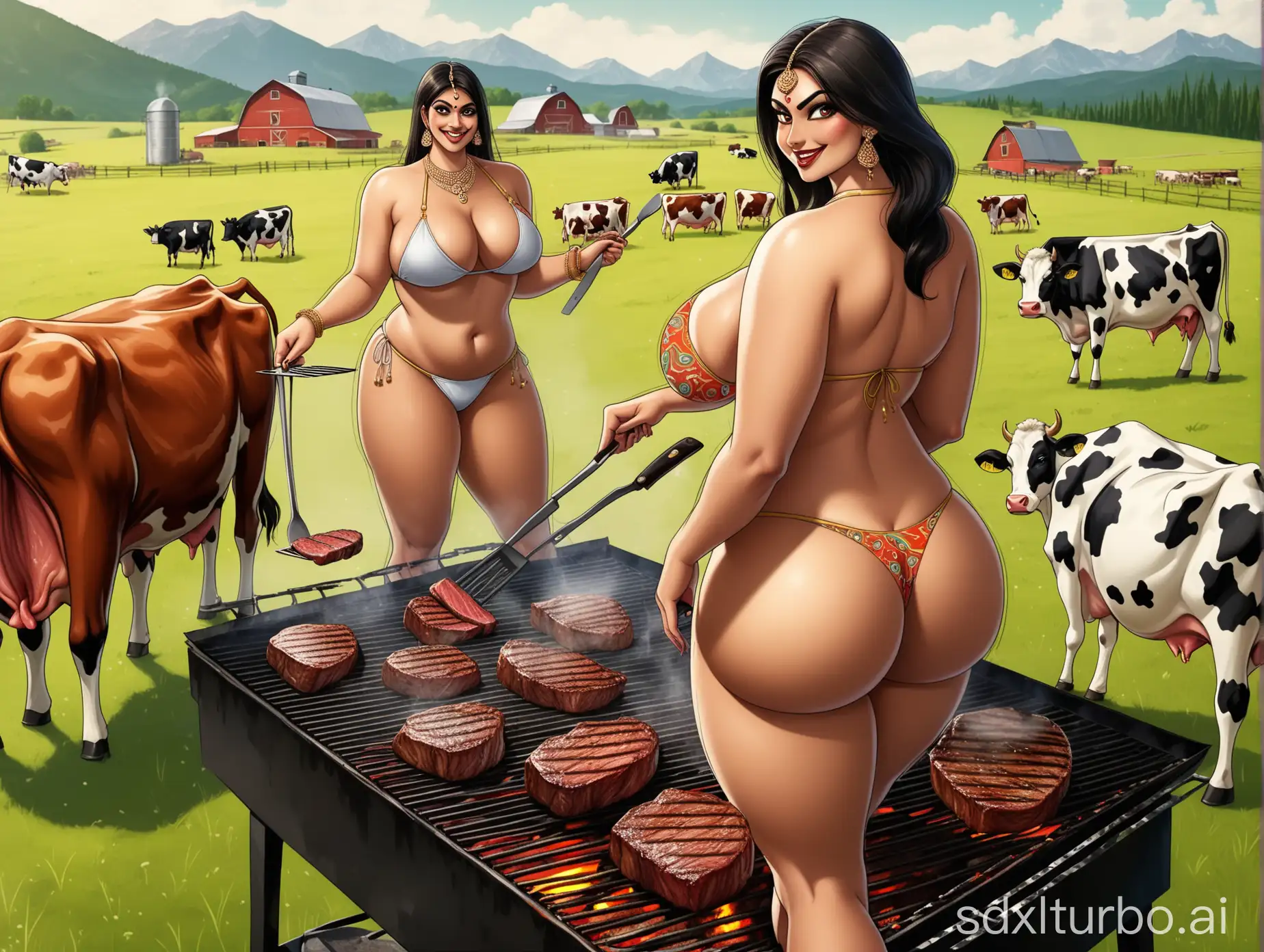 Indian-Woman-Cooking-Steak-on-Farm-with-Cows-Grazing