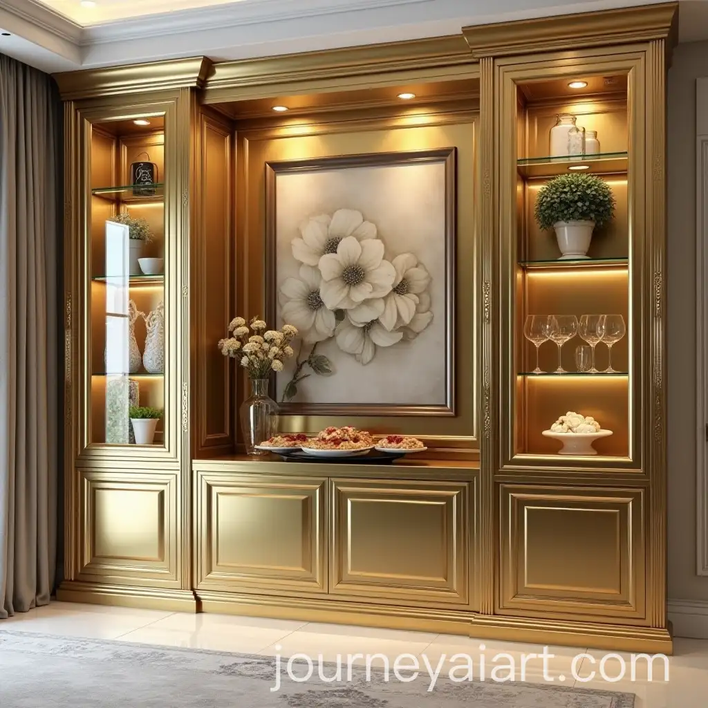 Luxurious-Golden-Wall-Cabinet-for-Dining-Room-with-Glass-Display-and-Food-Platform