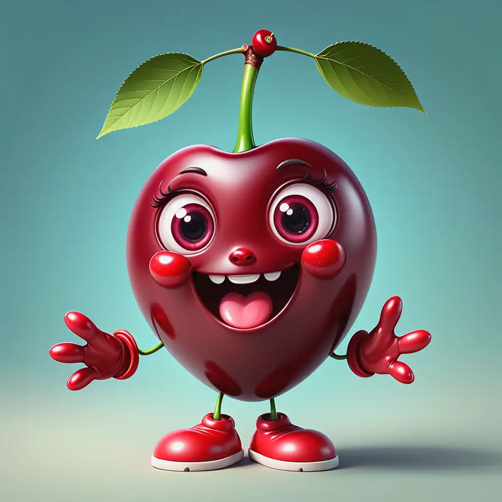 Playful Cherry Character with Big Eyes and Mischievous Smile