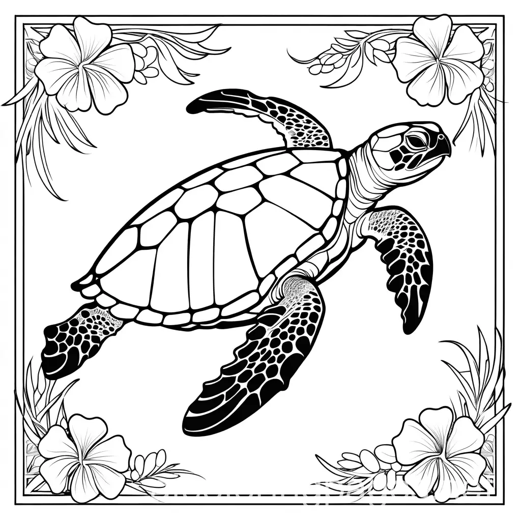 Hawaiian Tattoos sea turtle colouring page, Coloring Page, black and white, line art, white background, Simplicity, Ample White Space. The background of the coloring page is plain white to make it easy for young children to color within the lines. The outlines of all the subjects are easy to distinguish, making it simple for kids to color without too much difficulty