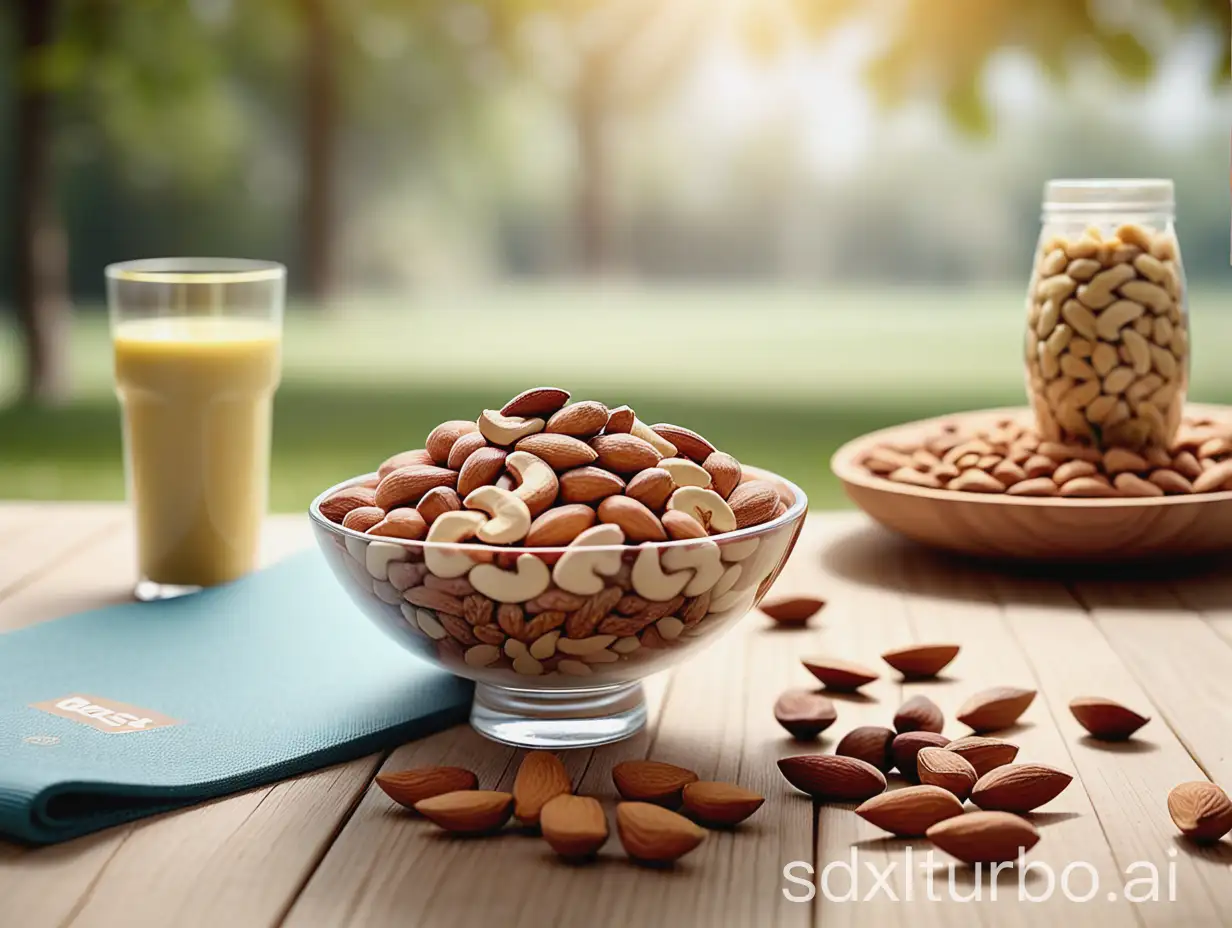 Advertising scene for a premium nuts brand called 'Best Nuts'. An elegant glass bowl, full of a delicious mix of almonds, cashews and nuts, placed on a rustic wooden table. There is soft natural light in the background with a blurred picnic environment. The product packaging is visible: minimalist and elegant design, with the logo 'Best Nuts' in golden and eye-catching letters. Subtly integrated elements of healthy living: a yoga mat, a smoothie glass and a young woman smiling while eating a nut. Focus on freshness, quality and energy. Attractive composition, professional commercial style, reduced depth of field.