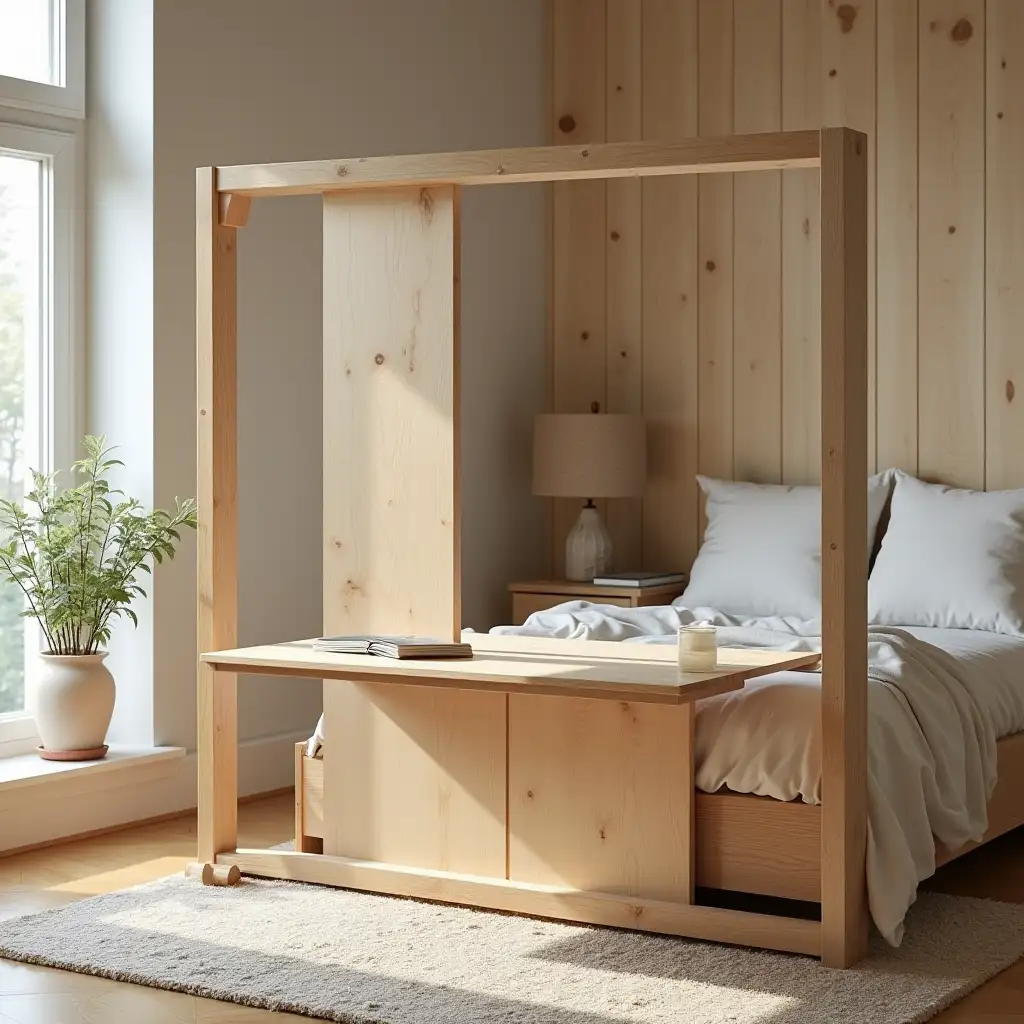 making a wooden pull-up table made from four pieces and imitating a sculpture in a bedroom