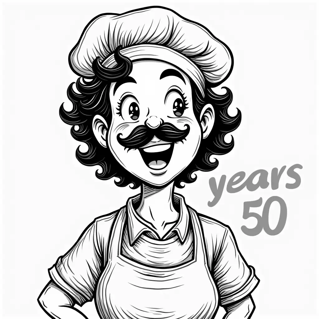 Pizza baker,round face,curls , big mustache, foodtruck, laugh, logo, years 50, headscarf around the neck, tough, black and white, drawn in 50s style