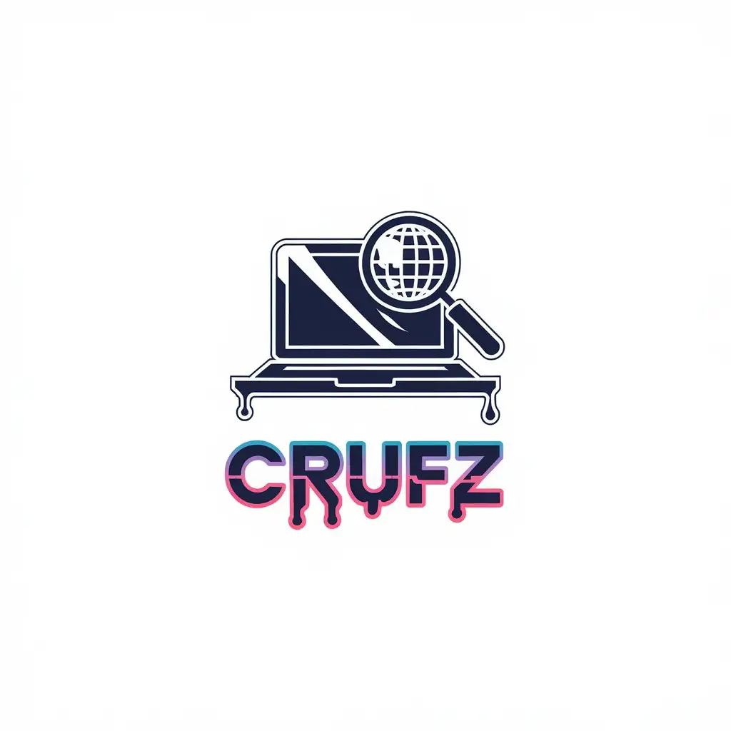 LOGO Design for CRuFz Liquid Psychedelic Glitch Text with Crystal Laptop and Globe Symbolism