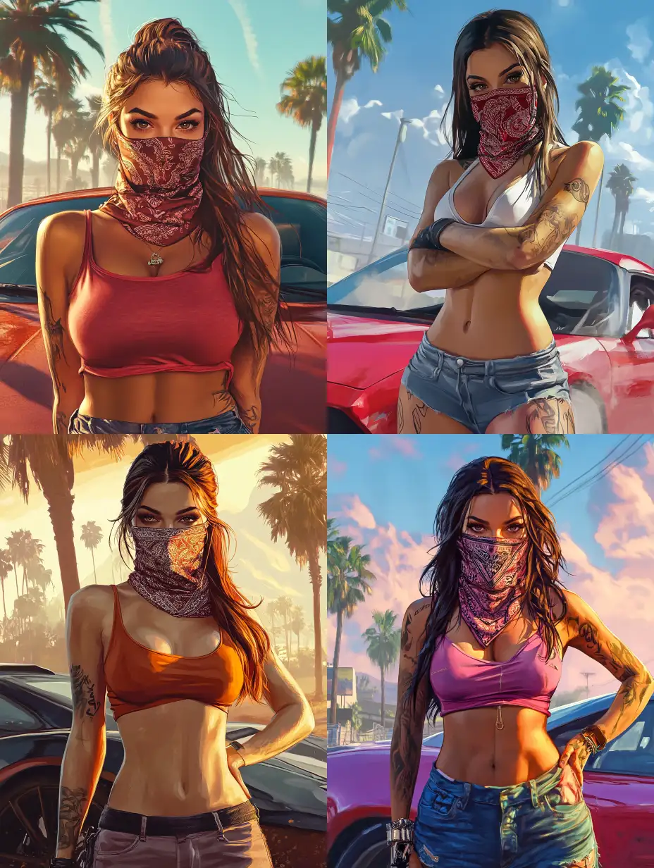 GTA-Style-Art-Beautiful-Female-Character-with-Bandana-and-Super-Car