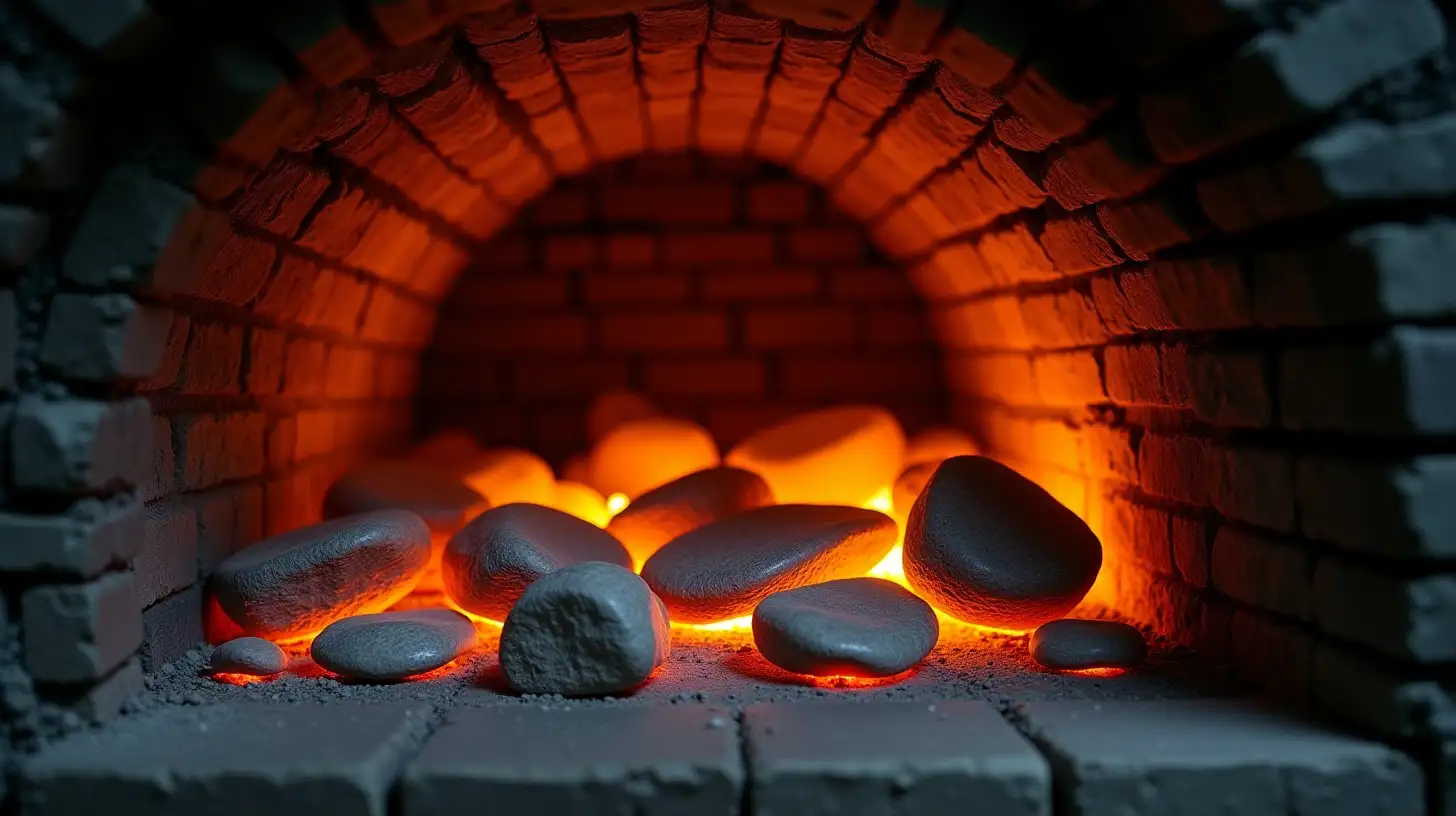 Hot Stones in Brick Kiln Oven Engulfed by Fire in a Cave