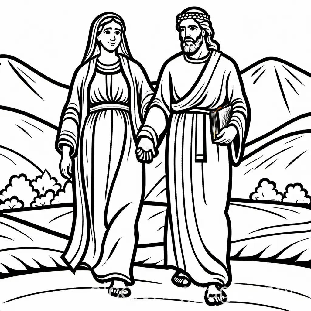 a very simple coloring page of a very pregnant Mary and Joseph from the Bible walking without anything else in the picture. They should be wearing sandals. Coloring Page, black and white, line art, white background, Simplicity, Ample White Space. The background of the coloring page is plain white to make it easy for young children to color within the lines. The outlines of all the subjects are easy to distinguish, making it simple for kids to color without too much difficulty