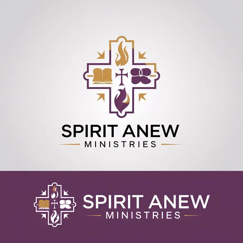 LOGO Design for Spirit Anew Ministries Modern Cross Bible Dove and Fire in Purple Gold and White