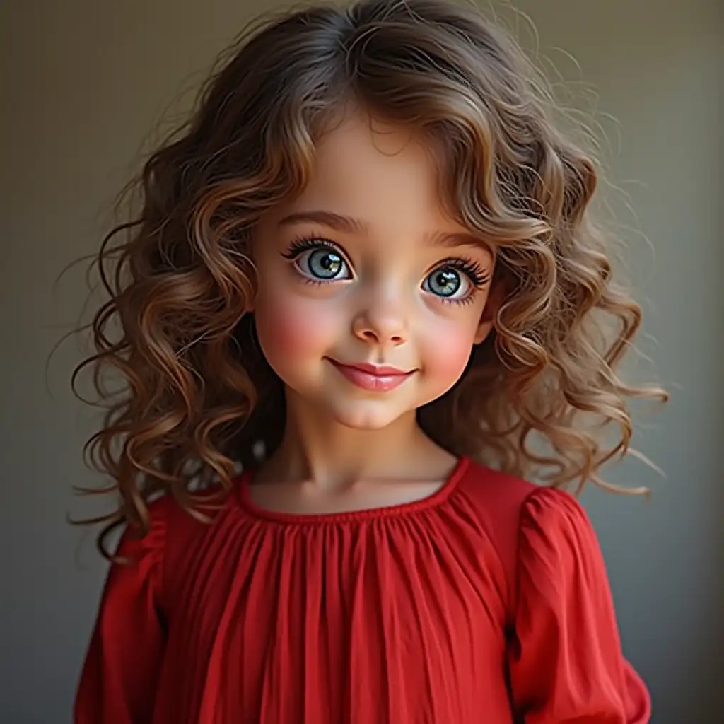 create a beautiful blue-eyed girl with beautiful curls on her hair, in a red dress, the girl should be waist-high