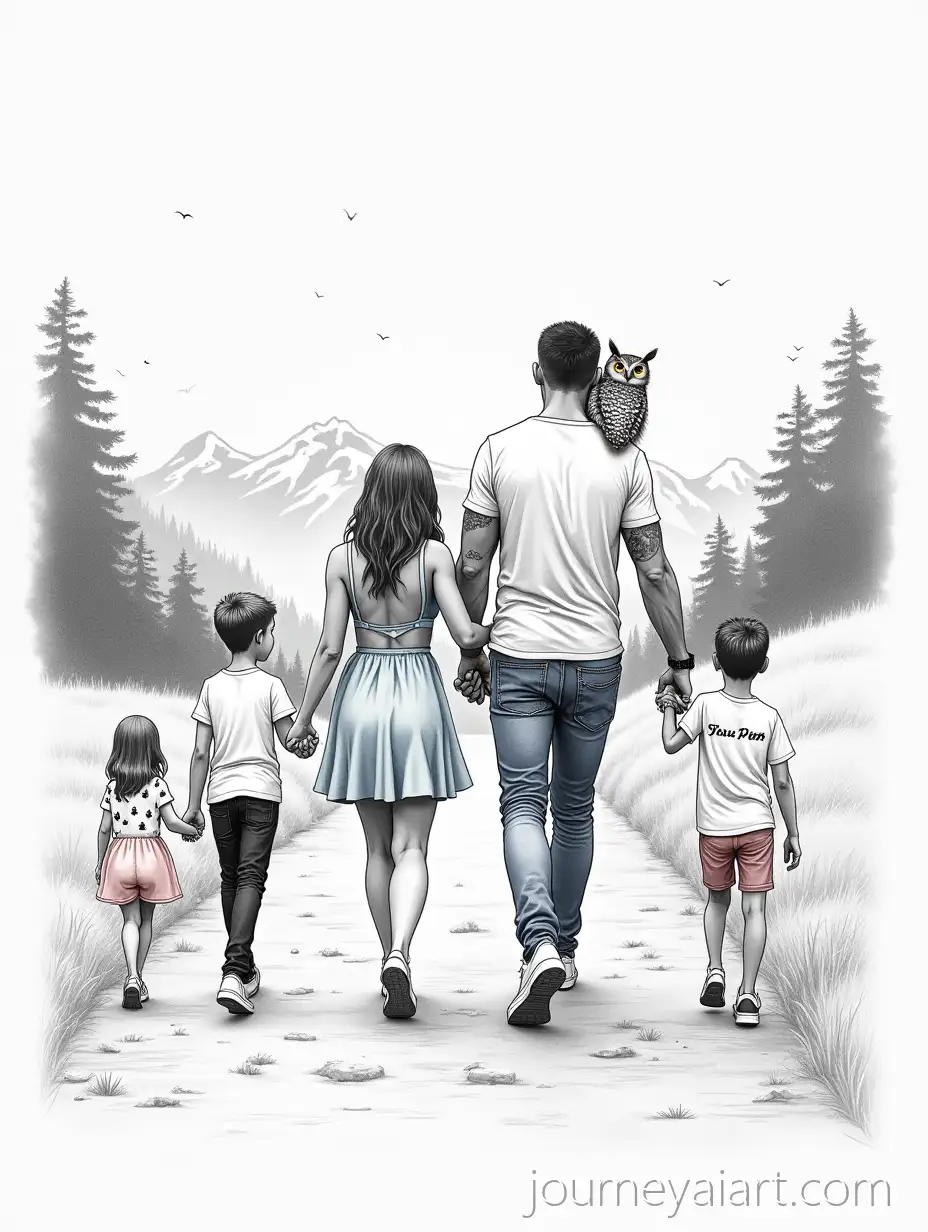 Family-Walking-Uphill-by-River-with-Snowy-Mountains-in-Black-and-Gray-Realism-Tattoo-Style