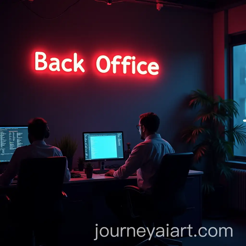Office-Workers-Using-PCs-in-Dark-Room-with-Neon-BackOffice-Sign
