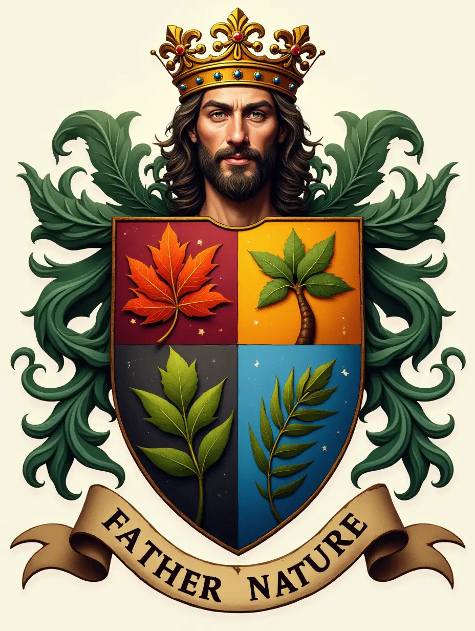 High quality digital painting A coat of arms featuring a man's face prominently in the center. The shield is divided into quarters, with each section displaying different seasons. The crest above the shield features a crown, and is flanked by leaves. The motto reads “FATHER NATURE”, inscribed on a banner below the shield. ARt botanical.  Full frame, ultra-sharp, fine details, 4K 8K, high enhance, digital masterpiece