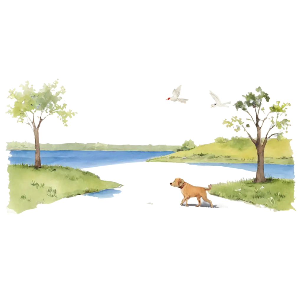 PNG-Drawing-of-a-Dog-with-a-Bird-by-the-Lake-Delightful-Imagery-for-Children