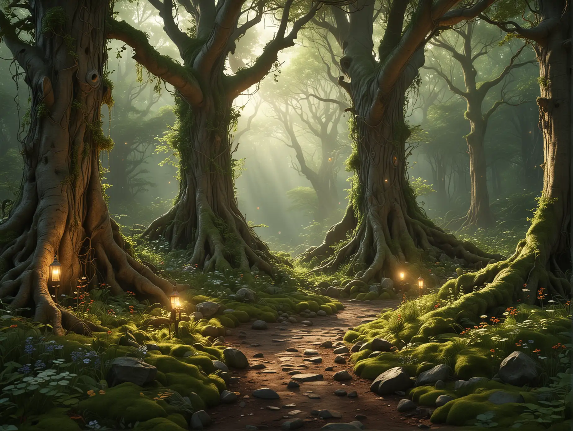 Create a highly detailed and photorealistic fantasy forest scene at dawn, featuring massive, ancient trees with thick trunks and sprawling roots. The trees have hollowed-out spaces glowing with warm, inviting lights, suggesting hidden dwellings or magical treehouses. The forest floor is lush with vibrant green vegetation, small flowers, and soft moss. Rays of sunlight filter through the dense canopy, casting a mystical glow and illuminating the path that winds through the forest. Include subtle fantasy elements such as faint glowing orbs, small woodland creatures, or delicate vines draped over the trees, maintaining a serene and enchanting atmosphere.