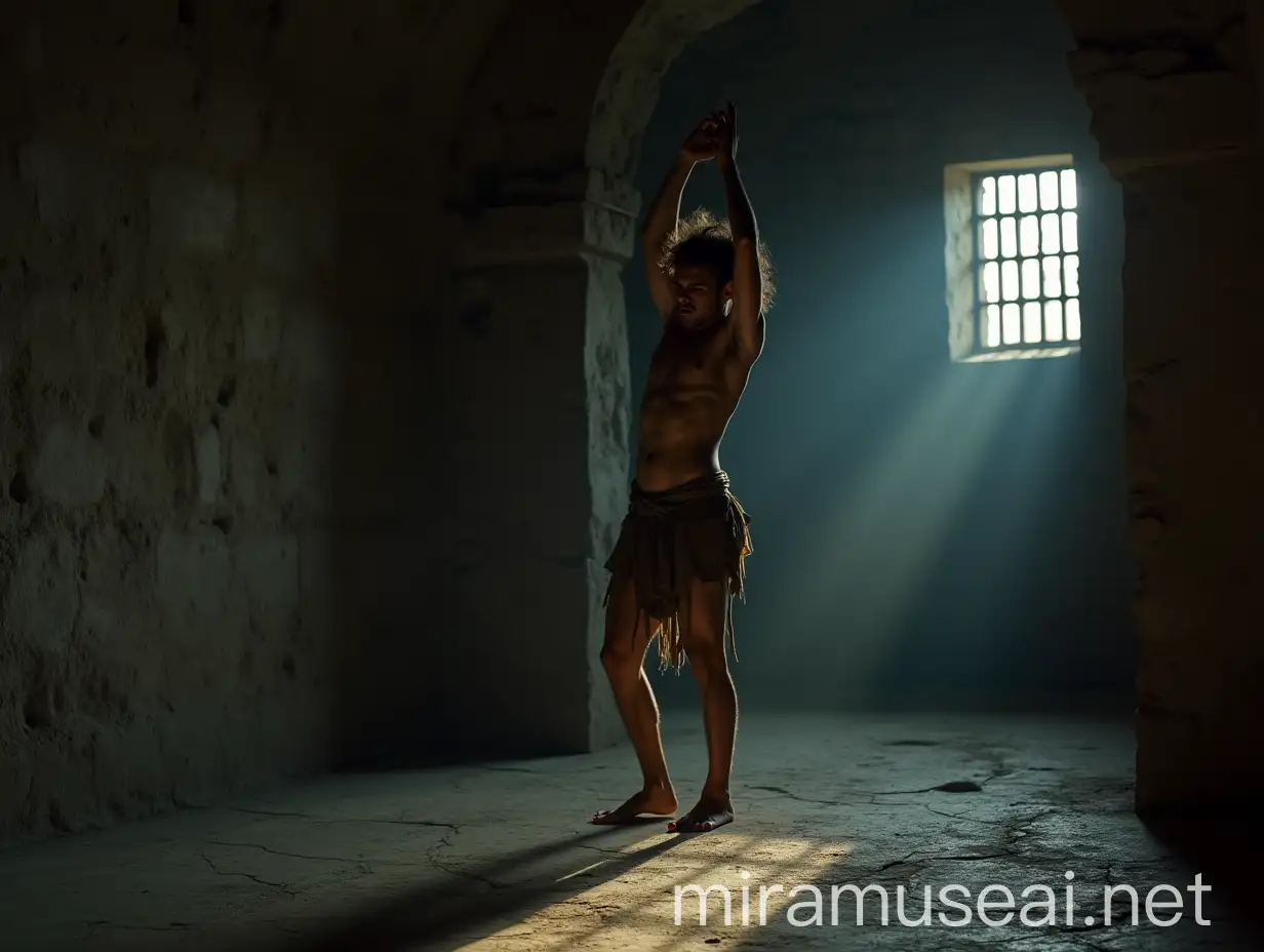 A low angle, full body shot of an extremely lean, handsome young man, about 18 years old, standing barefoot on his toes on a cold, dirty stone floor in a dimly lit, wide ancient vault. His body is positioned to the left, showing his right side, his head bowed humbly, gazing at the floor, his long, tousled hair unkempt. His slender, delicate frame glistens with sweat. He wears a ragged, torn and ripped loincloth, thin with age, barely covering his dirty body. His expression is desperate, begging and fearful, accentuating his vulnerability. He stretches his arms out, above his head, as much as possible crossing his wrists high up in the air. His lean body maximally stretched out. The damp prison walls, thick with dust, dirt, and cobwebs, heighten the oppressive atmosphere. Faint light filters through a small grated window, casting dramatic shadows across the scene. The dramatic interplay of light and shadow focuses on extreme realism, capturing the suffering of the young man and the harshness of his environment, with vivid colors and meticulous attention to every agonizing detail. Shot with a Nikon Z7 II, 50mm f/1.4 lens, shallow depth of field.