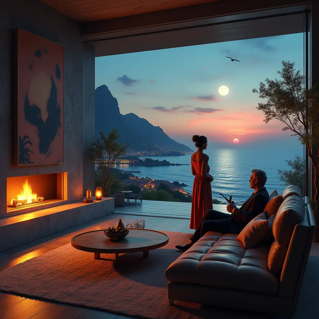 ultradetailed hyperrealistic portrait 65 year old woman and a man with pipe in hand in a very beautiful living room with modern furniture and modern dragon fireplace a wonderful open terrace with view on the sea elaborately detailed, colorful sea, city, rocky black silhouette with moon and bright