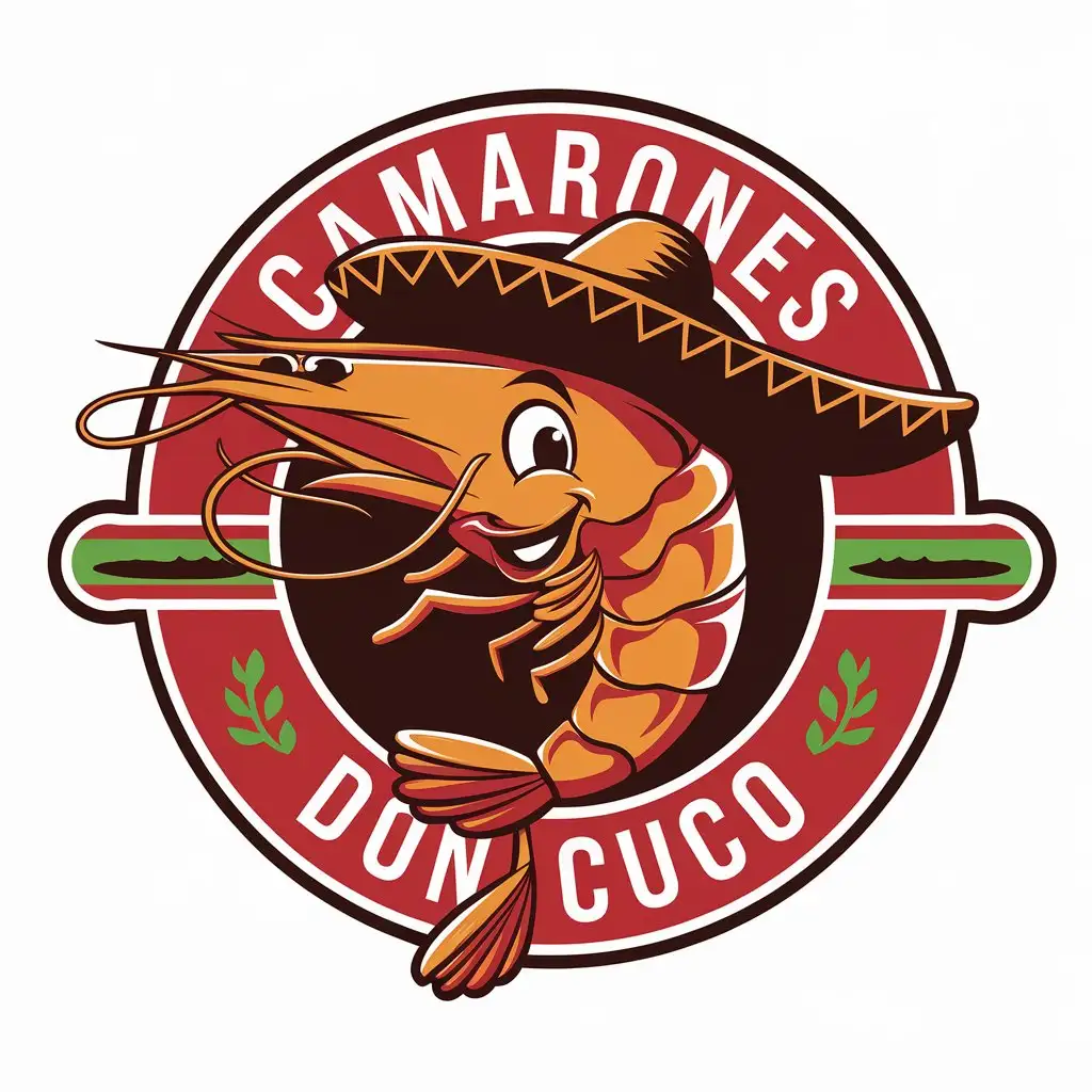 a vector logo design,with the text "Camarones don cuco", main symbol:Dried shrimp with Mexican hat and mustache. That he is happy and looks friendly,complex,be used in Restaurant industry,clear background