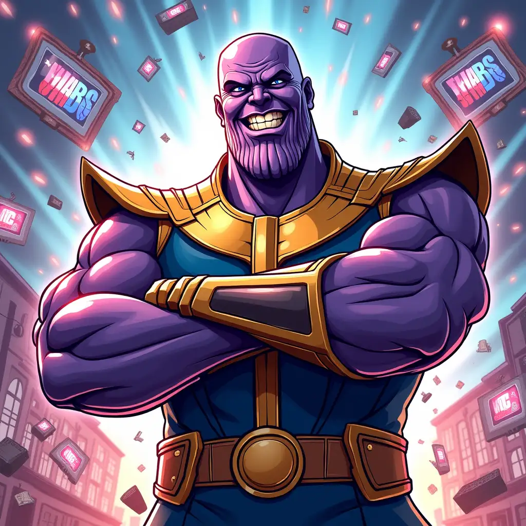 A stylized illustration of Kannada film actor Darshan dressed in a Thanos-inspired costume, mocking visual media with a confident smile. He strikes a powerful pose, wearing the purple armor and gauntlet, exuding superiority. The background features distorted TV screens, flashing headlines, and chaotic media elements, symbolizing Darshan's disdain. The design should use bold lines, vibrant colors, and dramatic shading, blending Darshan's persona with Thanos’ larger-than-life presence in a comic-book style,4k,UHD