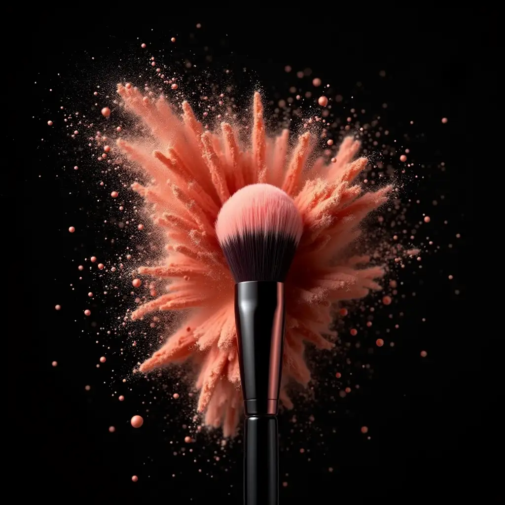 Create a highly realistic, professional photography blush on brush with an explosion of finely textured makeup powder. The powder particles should appear suspended in motion, with intricate details and realistic shading, dispersing in an elegant and artistic pattern. Use soft, diffused lighting to enhance the luxurious quality of the a  golden blush on burhs and powder while maintaining a clean,  make background luxury black deep background to keep the focus on the dynamic interaction. The overall composition should evoke a sense of motion and artistry