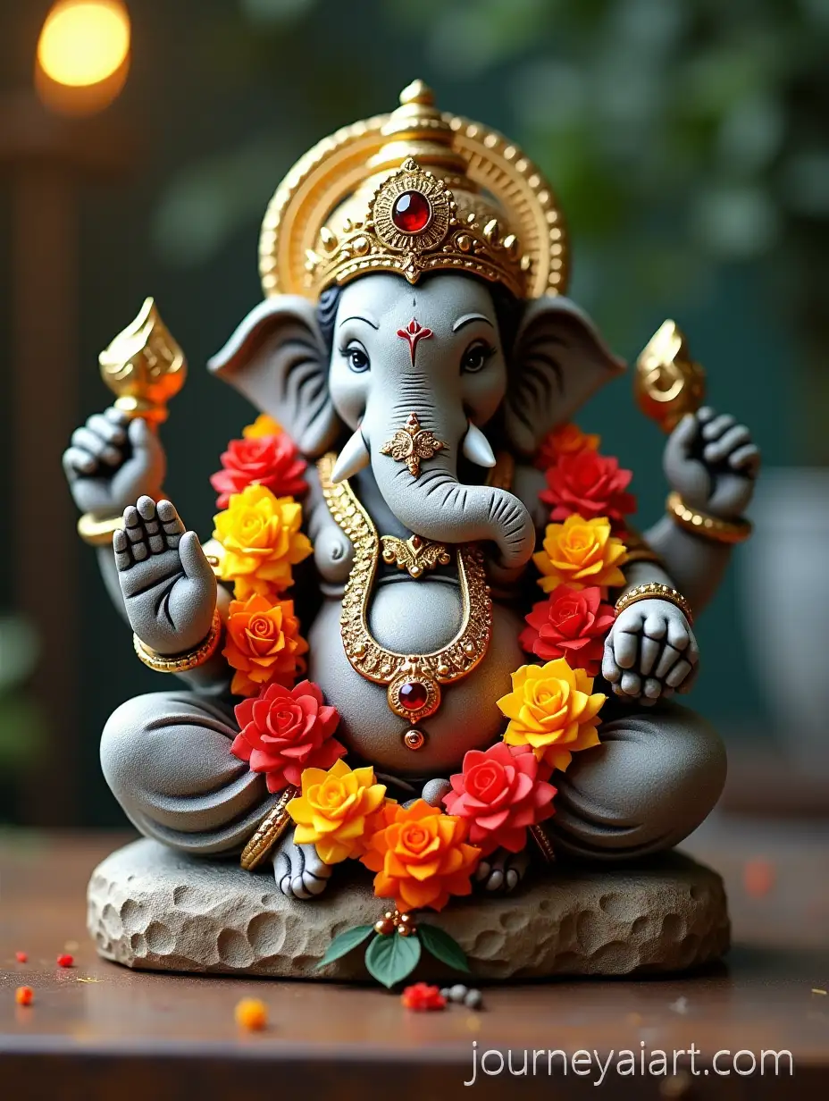 Stone-Lord-GStone-Lord-Ganesha-Statueanesha-Statue-with-Glittering-Golden-Ornament-and-Flower-Garland