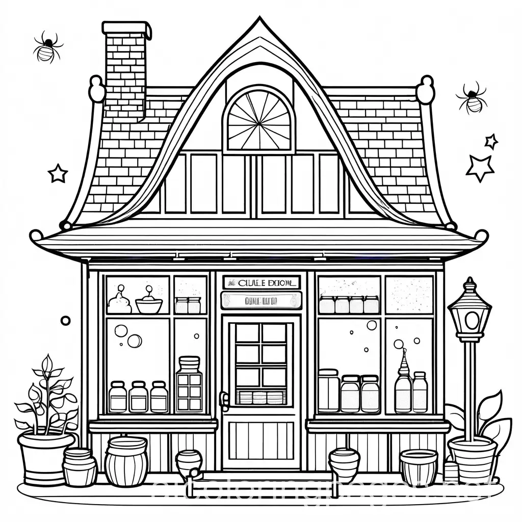 a cute simple potion and magic wand shop, with dust and spider, Coloring Page, black and white, line art, white background, Simplicity, Ample White Space. The background of the coloring page is plain white to make it easy for young children to color within the lines. The outlines of all the subjects are easy to distinguish, making it simple for kids to color without too much difficulty.