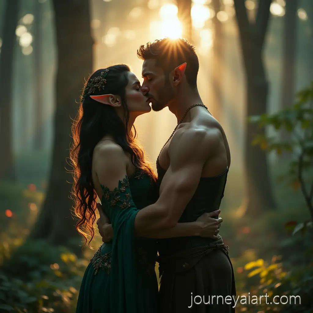 Elven-Lovers-in-MistElven-Lovers-Embracing-in-Enchanted-Forest-at-Dawn