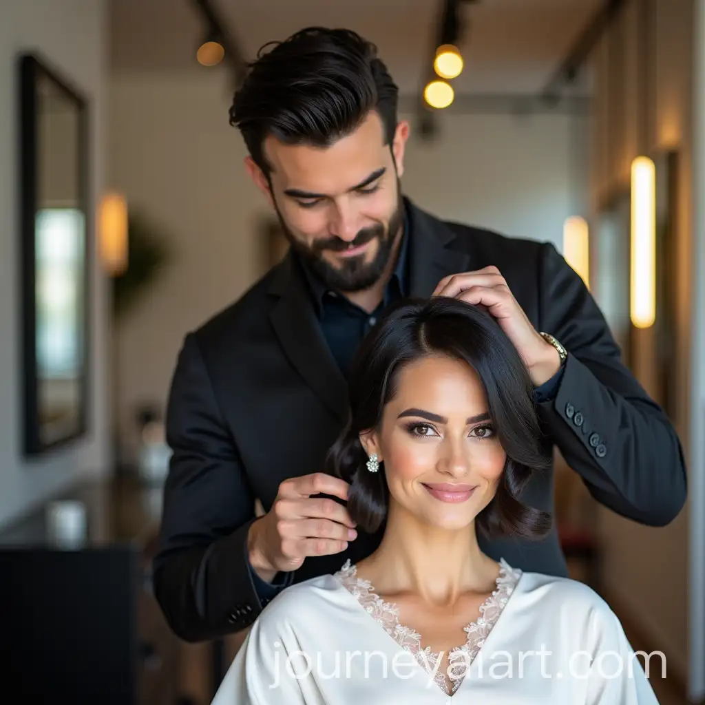 HandAI-Image-Prompt-Expansionsome-Man-Styling-Hair-of-Woman-in-Bridal-Dress-at-Modern-Beauty-Salon