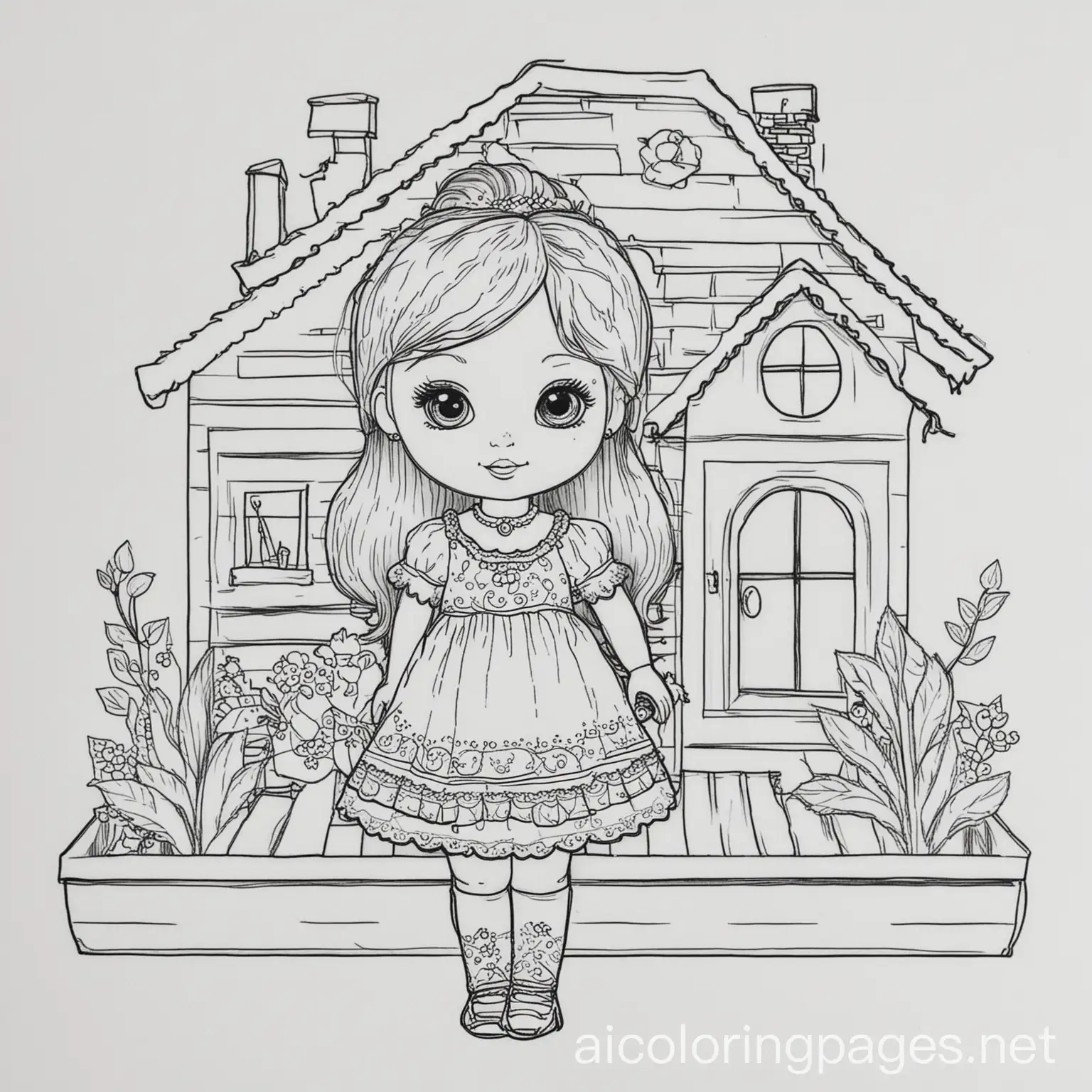 Childrens-Coloring-Page-Doll-House-and-Music-Black-and-White-Line-Art