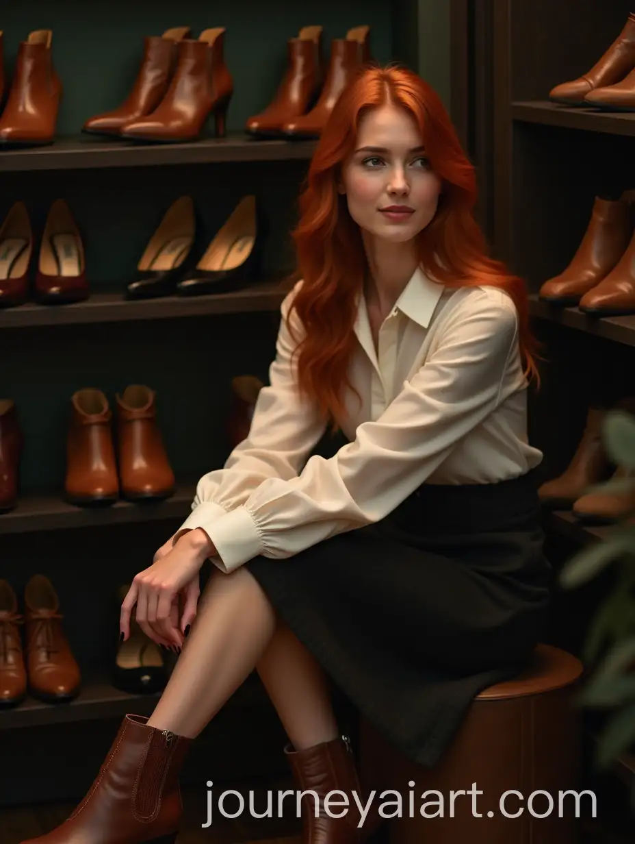 Young-Woman-in-Elegant-Shoe-Store-Trying-Brown-Leather-Boots