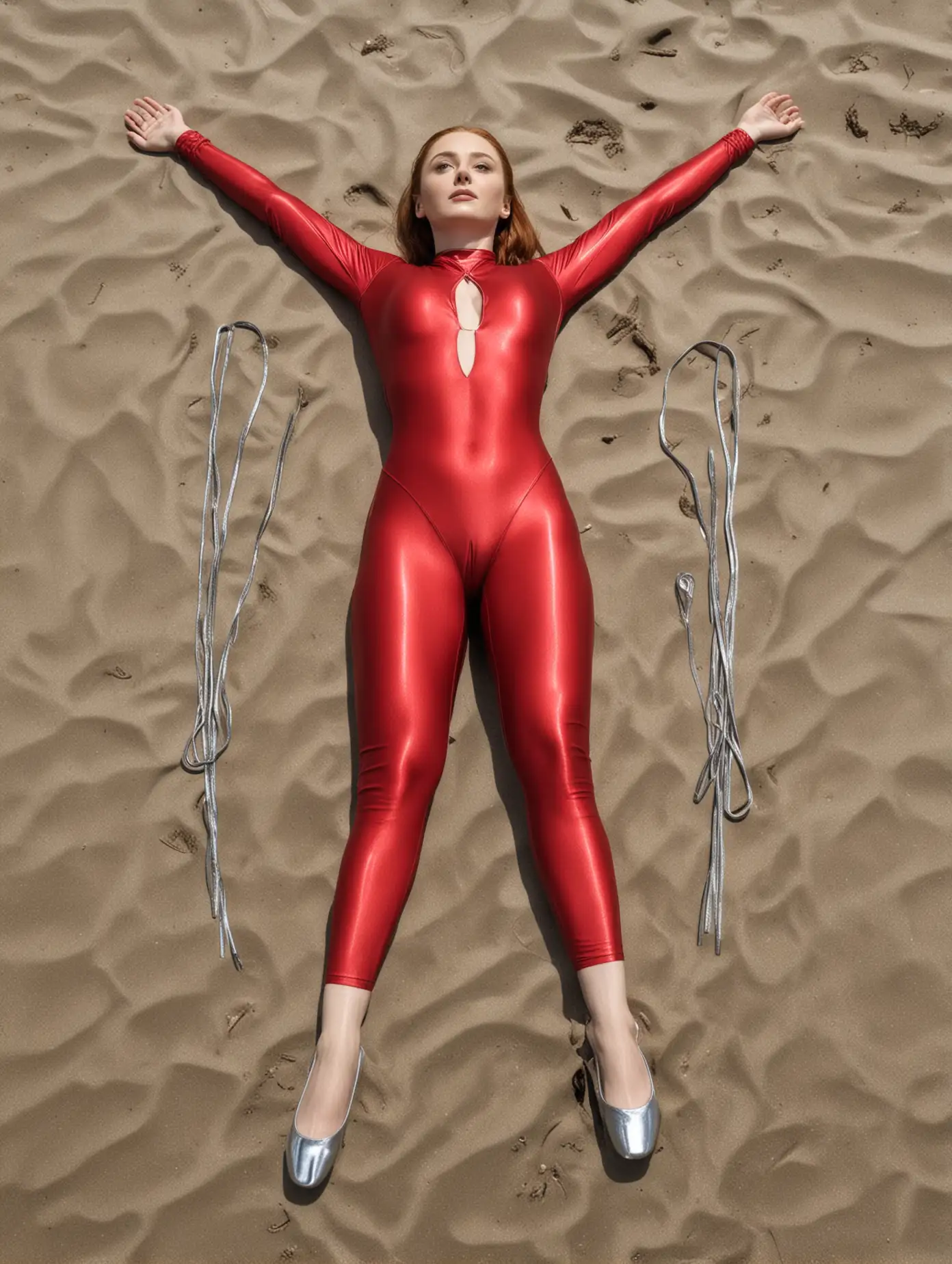 Sansa-Stark-Lying-on-Beach-in-Red-Shiny-Spandex-Swimsuit