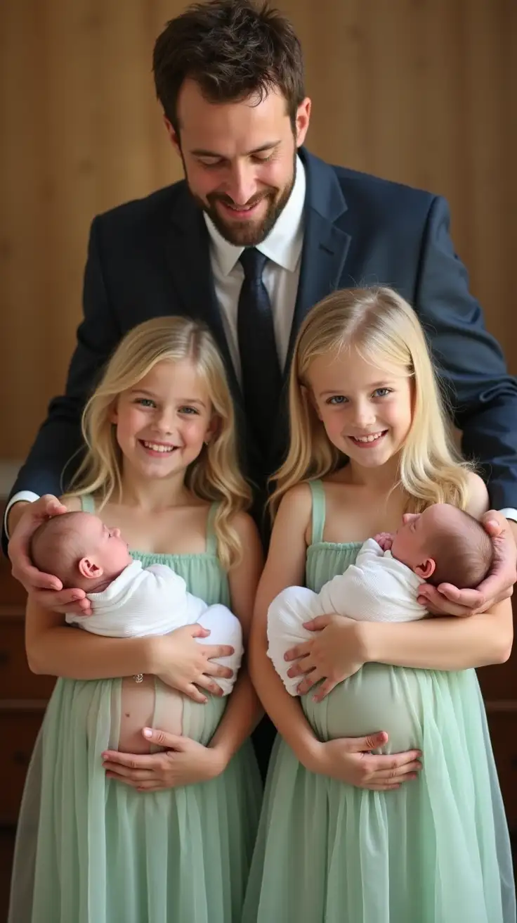 Father-and-Preteen-Daughters-with-Infants-at-Baptismal-Font