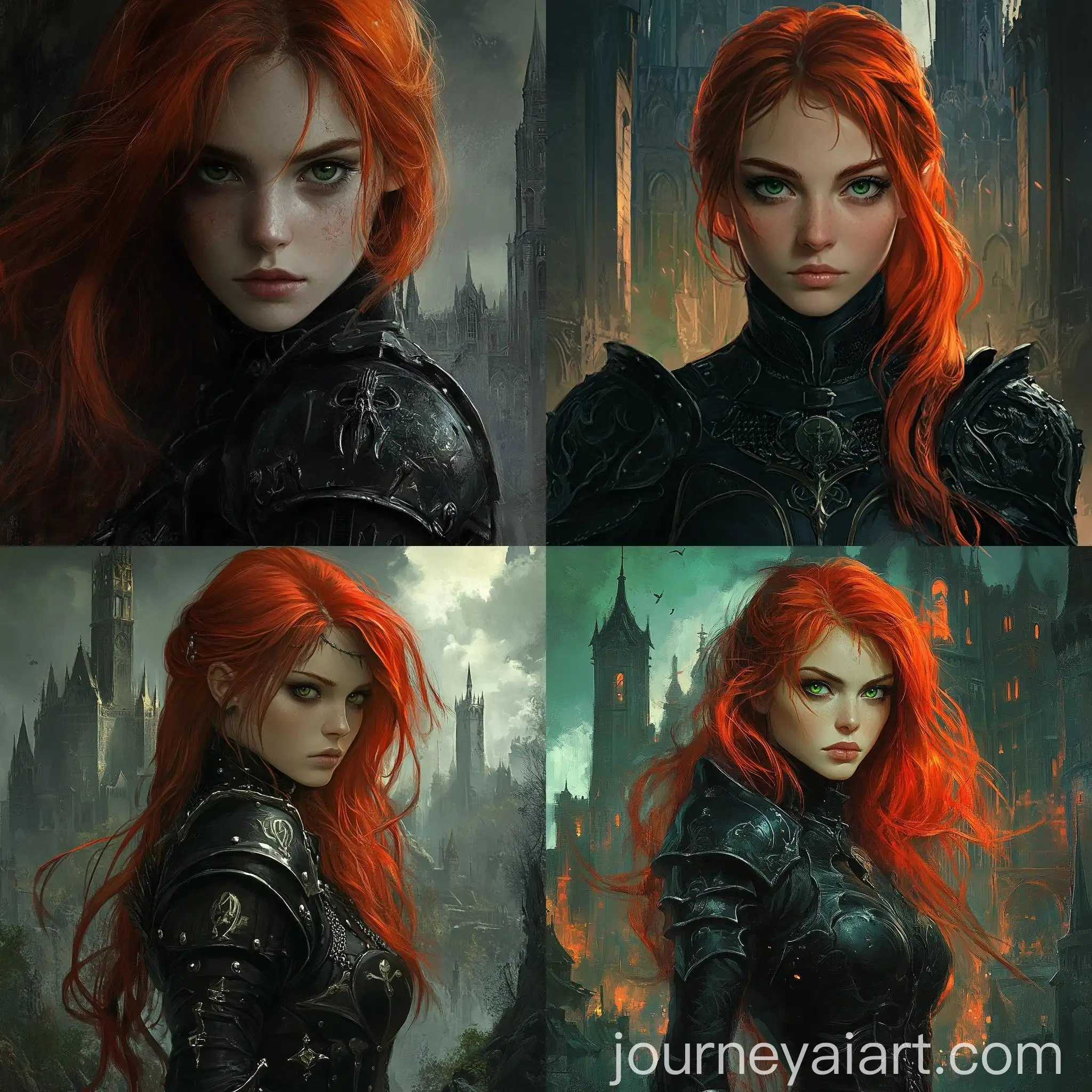 RedHaired-Girl-in-Black-Armor-at-Dark-Eerie-Castle