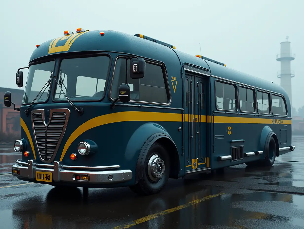 Create a photorealistic image of a futuristic, massive two-section bus designed by Vault-Tec, inspired by the Streamline aesthetic. The bus is painted in dark blue and yellow, with the Vault-Tec logo prominently displayed on its sides. It features a sleek, aerodynamic design with a polished and brand-new appearance. The vehicle is divided into two compartments connected by a flexible accordion joint for higher passenger capacity. The front has an imposing, streamlined design with large wraparound windows, a polished chrome grille, and integrated headlights. Side doors are visible, designed for passenger boarding, crafted to maintain a sealed, radiation-proof construction. The surface of the bus is smooth, polished, and reflects dim light from a futuristic urban or apocalyptic setting. In the background, distant industrial buildings and emergency shelters hint at Vault-Tec’s advanced technology. The overall vibe communicates reliability, innovation, and a subtle sense of urgency. Render in a 16:9 aspect ratio.