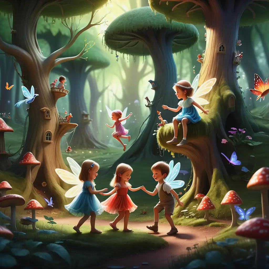 children are playing in a fairy tale forest