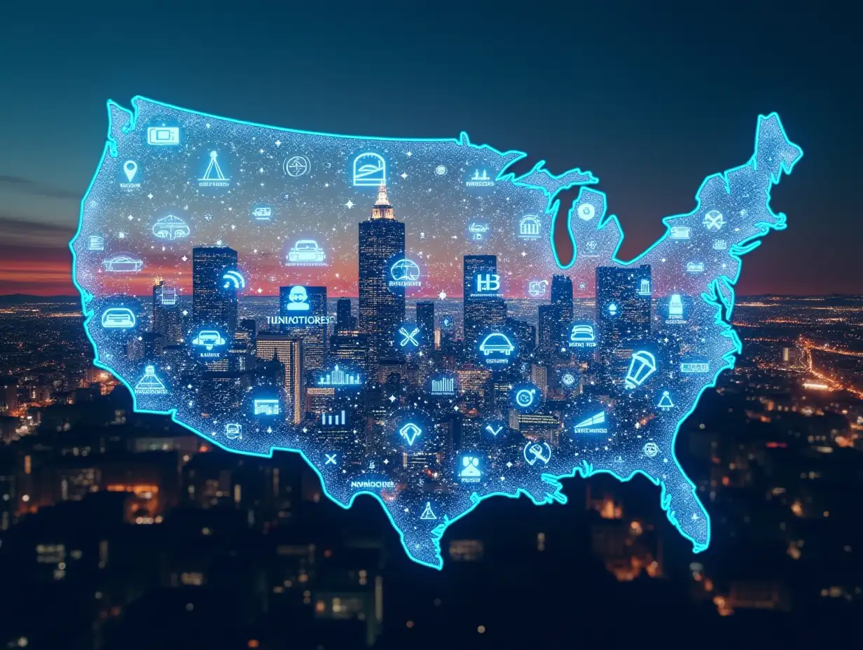 A futuristic representation of the modern U.S. as a leader in technology, economy, and culture. The image showcases a skyline of major tech hubs like Silicon Valley and New York, with digital screens displaying innovations like AI, electric cars, and space exploration. The scene symbolizes America's continued global influence.