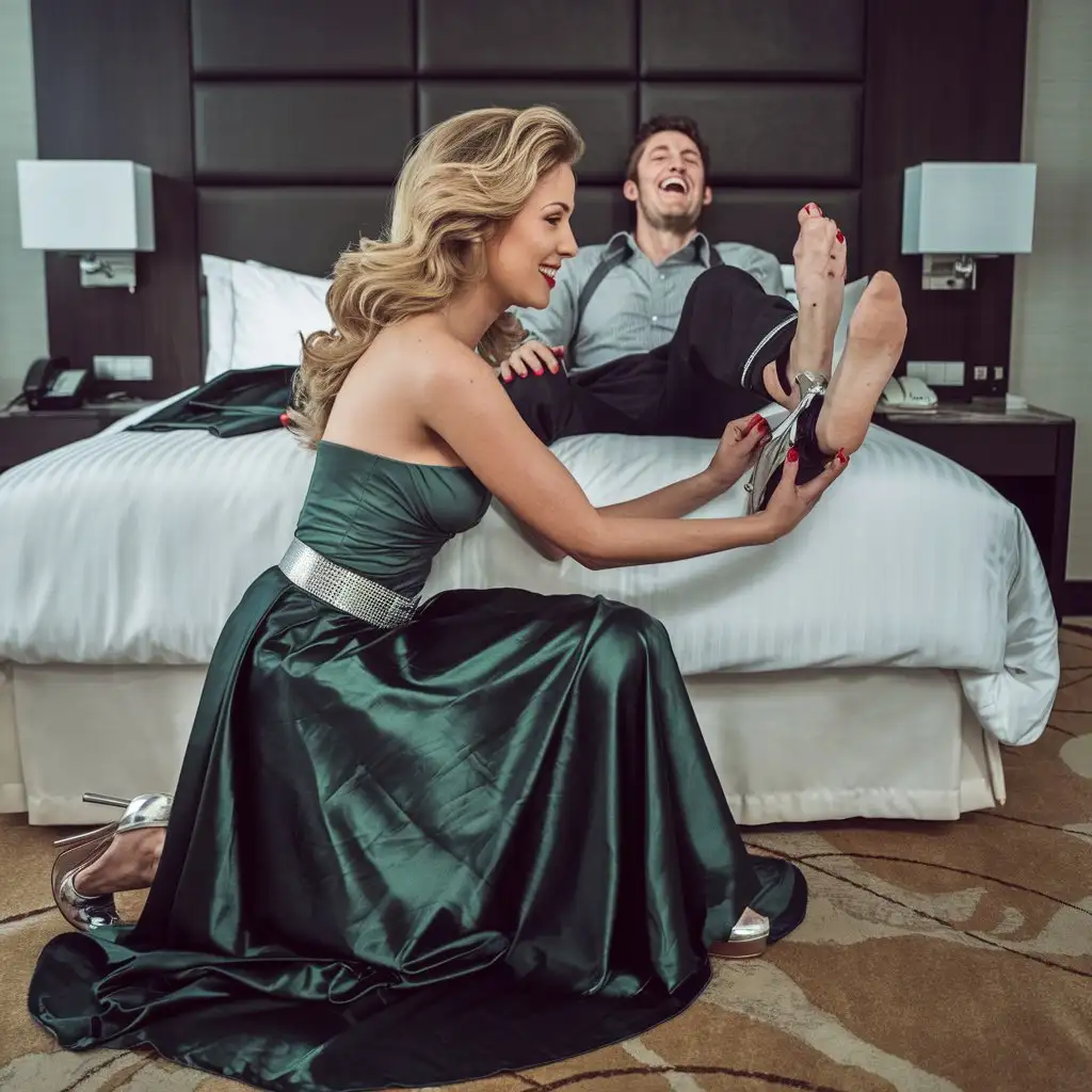 Luxury-Hotel-Room-with-Woman-Stroking-Husbands-Feet-While-He-Laughs-Hysterically