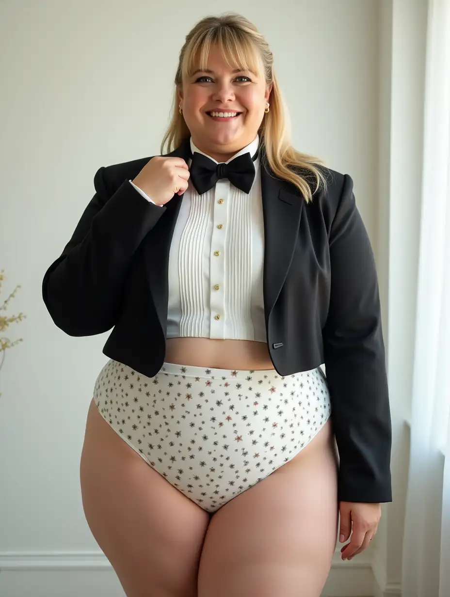 Caucasian-Woman-in-Formal-Orchestra-Tuxedo-with-Micro-Star-Pattern-in-White-Bedroom