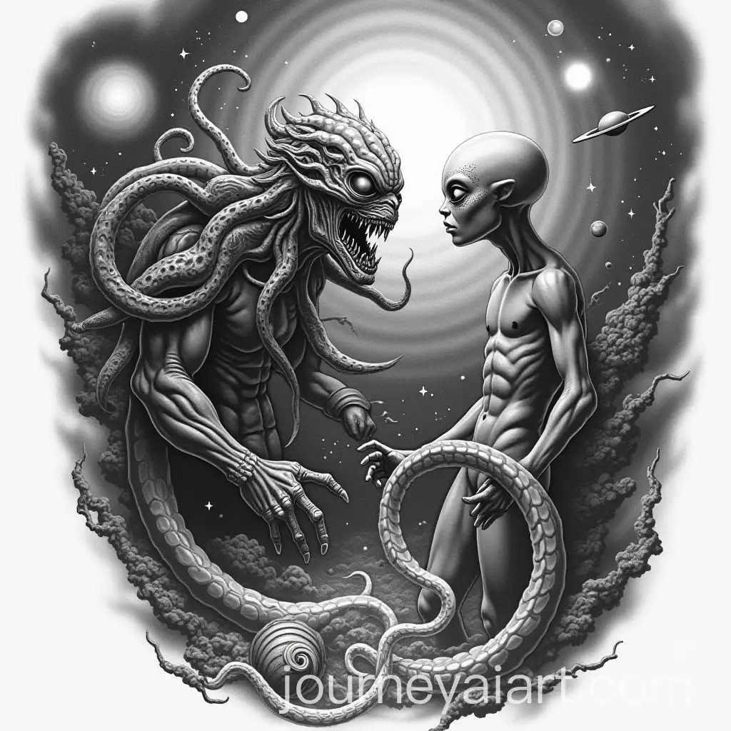 BlackandWhite-Tattoo-Design-with-Tentacled-Monster-and-Humanoid-Alien-in-Cosmic-Setting